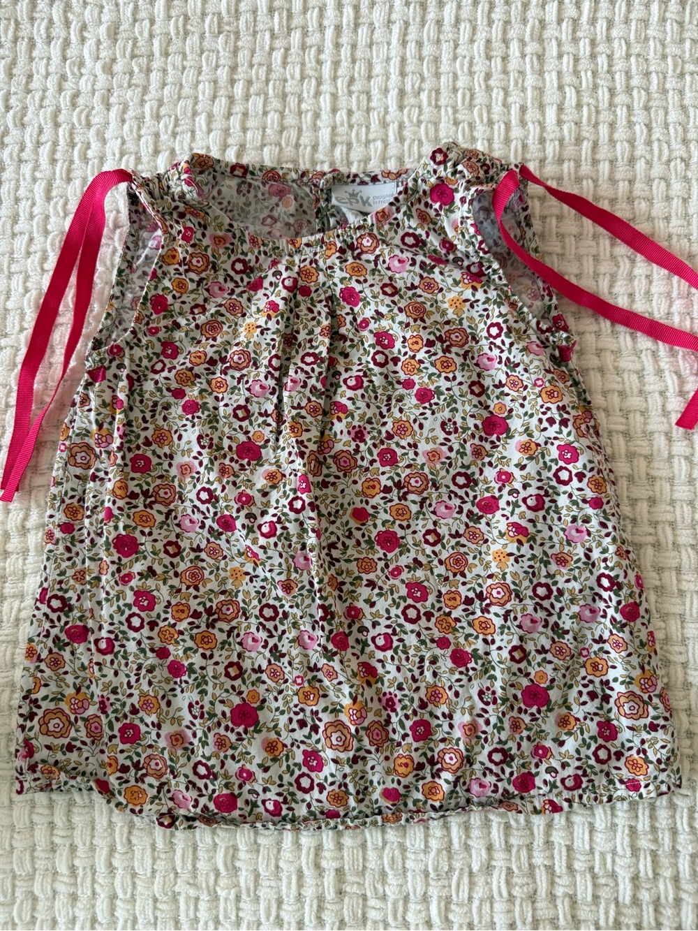 Girls Floral Tank Top with Pink Ribbon Ties